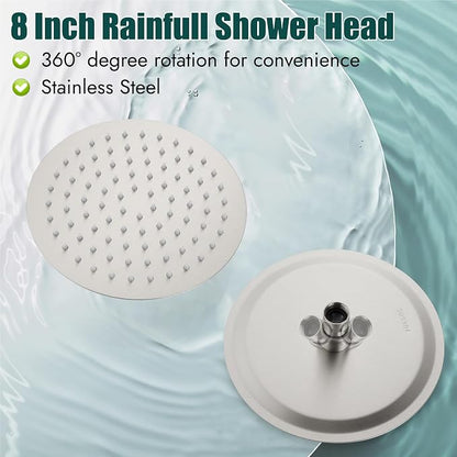 Heyalan 8-Inch Round Rain Shower Faucet Set with Valve, Brushed Nickel | SUS304 stainless steel shower head, brass rough-in valve, single-handle control, 1.8 GPM, ideal for bathroom remodels