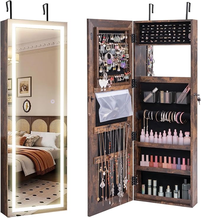 CHARMAID LED Mirror Jewelry Cabinet, 47.2'' Jewelry Armoire with Adjustable Lighted Full Length Mirror, Wall Mounted or Door Hanging, Lockable Jewelry Organizer Storage (Rustic Brown, 47.2''H)