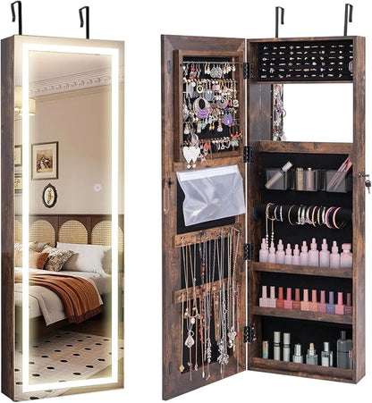 CHARMAID LED Mirror Jewelry Cabinet, 47.2'' Jewelry Armoire with Adjustable Lighted Full Length Mirror, Wall Mounted or Door Hanging, Lockable Jewelry Organizer Storage (Rustic Brown, 47.2''H)