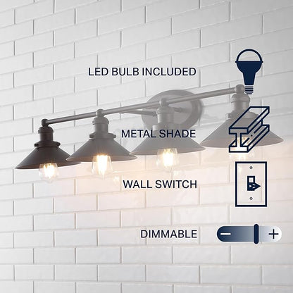 JONATHAN Y 36.25" Oil Rubbed Bronze 4-Light Industrial Farmhouse Metal Vanity Light Wall Sconce, Metal Shade for Bathroom Mirror, Kitchen, Entryway, LED Bulb Included (JYL7904A)