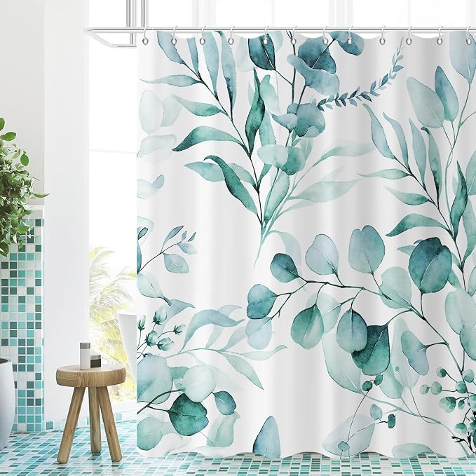 Teal Shower Curtain, Watercolor Eucalyptus Leaves Botanical Plants with Floral Bathroom Curtain Home Bathtub Decor Waterproof Fabric Machine Washable with 8 PCS Hooks,48" Wx72 L