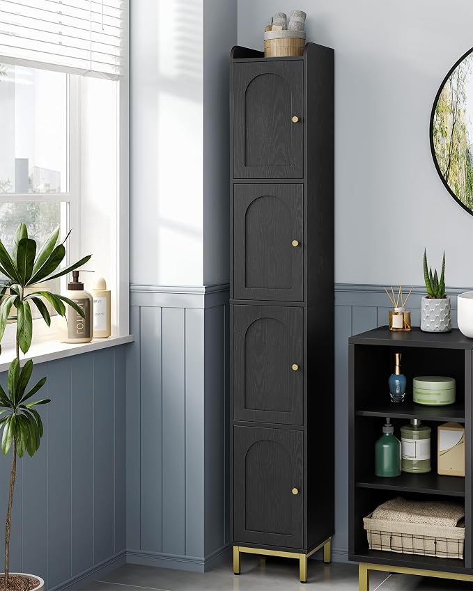 Hzuaneri 4-Tier Narrow Tall Storage Cabinet | Slim Bathroom Storage Cabinet with 4 Adjustable Feet and Shelves, for Living Room, Laundry Room, Black,11"D x 11"W x 70.9"H