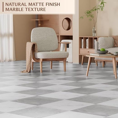 Peel and Stick Floor Tile, 30 PCS 12" x 12" Checkered Waterproof Marble Texture Luxury Vinyl Tiles, Easy DIY Self Adhesive Vinyl Flooring for Bathroom, Kitchen, Living Room, Gray/White