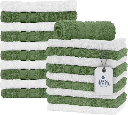 DAN RIVER 100% Cotton Washcloths 20 Pack Premium Quality Face and Body Cloth, Quick Dry Essential Towels for Bathroom, Hand, Kitchen & Cleaning, Baby Rugs | 11X11 in | 400 GSM | Sage Green+White