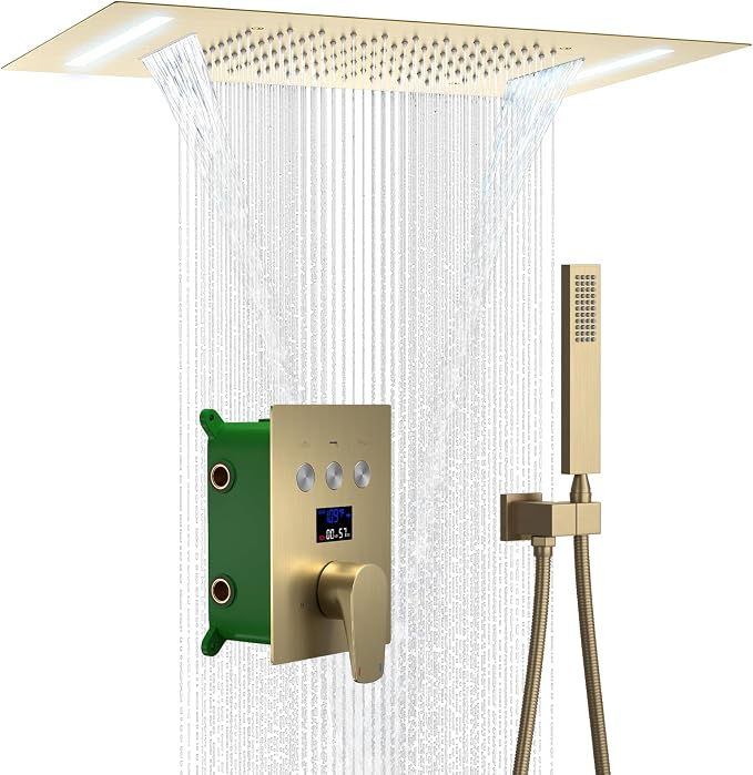 Temperature Display Shower Faucet Set Brushed Gold Shower System with 14X20 inch Rainfall Shower & Waterfall Modes, Handheld Spray