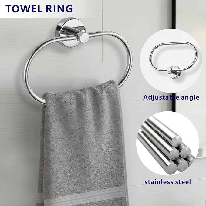 Bathroom Hardware Set Includes Towel Ring, Toilet Paper Holder and 2 Towel Hooks, SUS304 Stainless Steel Modern Wall-Mounted Bathroom Set, Rustproof Bathroom Fitting Set (Chrome)