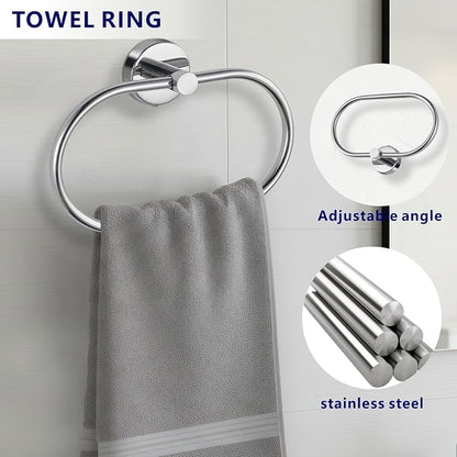 Bathroom Hardware Set Includes Towel Ring, Toilet Paper Holder and 2 Towel Hooks, SUS304 Stainless Steel Modern Wall-Mounted Bathroom Set, Rustproof Bathroom Fitting Set (Chrome)