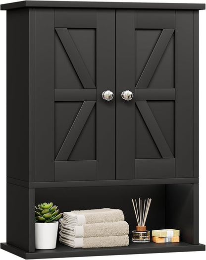 15" W x 19.7" H Black Medicine Cabinet with 2 Barn Doors, Small Farmhouse Bathroom Wall Cabinet with Adjustable Shelf, Wooden Over the Toilet Storage Cabinet for Kitchen, Laundry, Entryway