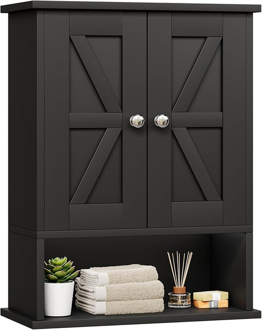 15" W x 19.7" H Black Medicine Cabinet with 2 Barn Doors, Small Farmhouse Bathroom Wall Cabinet with Adjustable Shelf, Wooden Over the Toilet Storage Cabinet for Kitchen, Laundry, Entryway