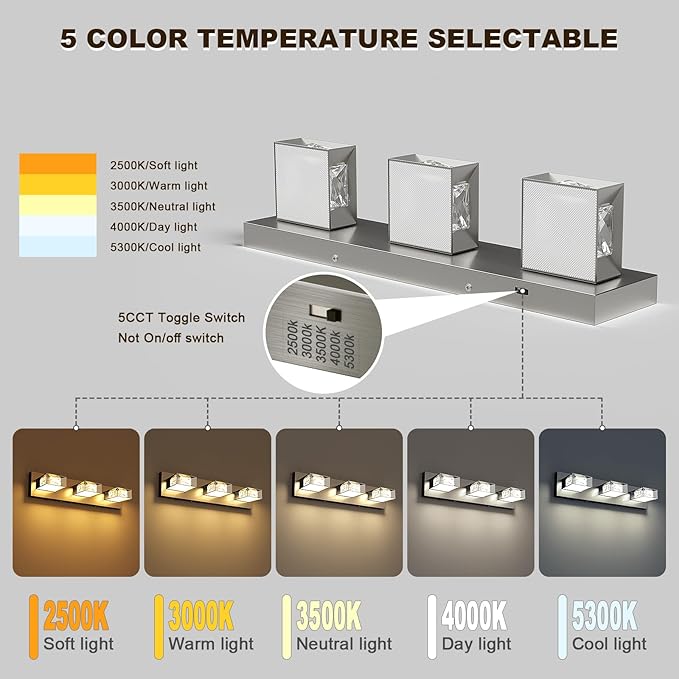 Joossnwell Brushed Nickel Bathroom Vanity Light Crystal 5CCT Dimmable Bathroom Lighting Fixtures Over Mirror (3-Light, 20.47-Inch) Led Modern Bath Lights with 350°Rotatable Head