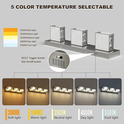 Joossnwell Brushed Nickel Bathroom Vanity Light Crystal 5CCT Dimmable Bathroom Lighting Fixtures Over Mirror (3-Light, 20.47-Inch) Led Modern Bath Lights with 350°Rotatable Head