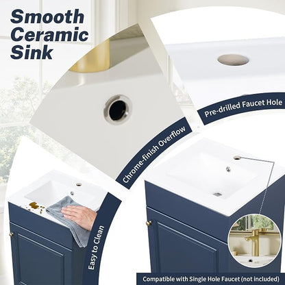 Christopher Knight Home Vanes Wood Frame 20" Bathroom Vanity with Ceramic Sink, Cabinet with Soft-Closing Door Shelf and Adjustable Shelf, Open Back, Metal Hardware, Storage/Organizer, Blue