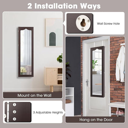LOKO Lockable Wall-Mounted Mirror Jewelry Cabinet, Tall Jewelry Organizer with 5 LEDs, Large Capacity Jewelry Armoire with Full Length Mirror and 6 Drawers for Women Girls (Brown)