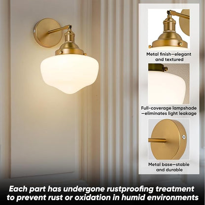 Vintage Wall Sconce, Bathroom Vanity Light with Milky White Glass Shade and Matte Brass Finish Bathroom Light Fixture, Wall Lamps for Living Room