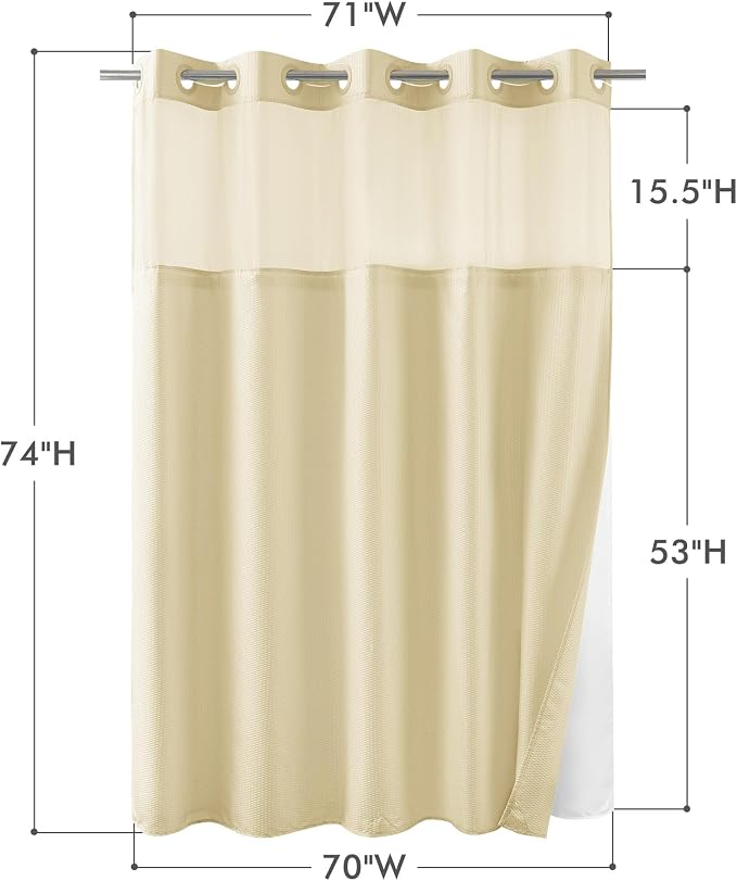 No Hook Shower Curtain with Snap-in Fabric Liner 71x74, Beige | Embossed Waffle-Look Textured, Sheer Window, Soft & Lightweight, Water Repellent Fabric Shower Curtain for Bathroom