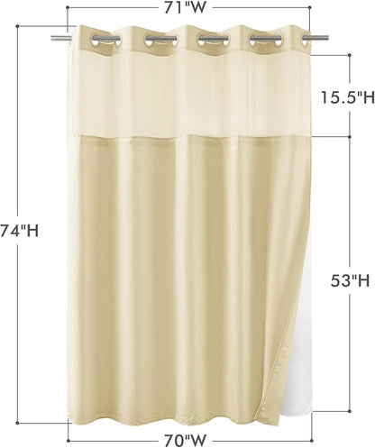 No Hook Shower Curtain with Snap-in Fabric Liner 71x74, Beige | Embossed Waffle-Look Textured, Sheer Window, Soft & Lightweight, Water Repellent Fabric Shower Curtain for Bathroom