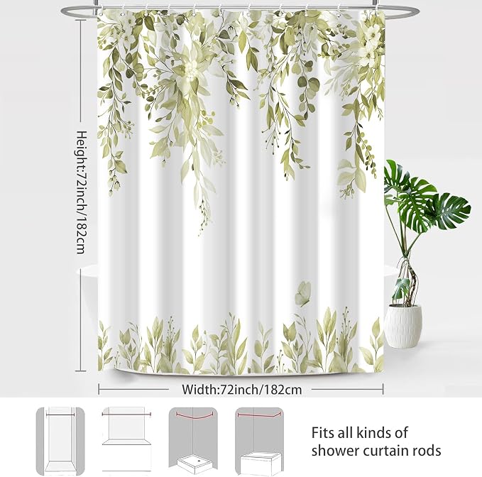 Beige Floral Eucalyptus Shower Curtain with Hooks, 72x72 Inch | Waterproof Fabric, Watercolor Leaves and Floral, Botanical Style, Machine Washable, Quick-Drying, for Hotel Bathroom