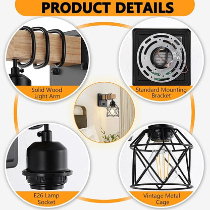 FadimiKoo Dimmable Wall Sconces Set of Two, Bedside Wall Mounted Lamp with Rotary Switch, Wooden Black Bathroom Light Fixtures with Metal Cage, Hardwired Farmhouse Wall Lights for Bedroom, Living Room