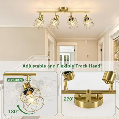 Baocuz 4-Lights Kitchen Light Fixtures Ceiling Mount, Adjustable Multi-Directional Brushed Gold Semi Flush Mount Ceiling Light, Metal Wire Cage Spotlight Ceiling Fixtures for Dining Room, Farmhouse