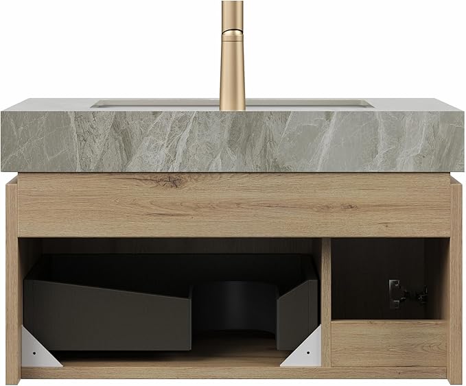 Bathroom Vanity with Sink 30 Inch, Floating Bathroom Vanity Sink Cabinet with Drawer and Door, Undermount Sink & Light Gray Sintered Stone Top, Pre-Assembled, White Oak