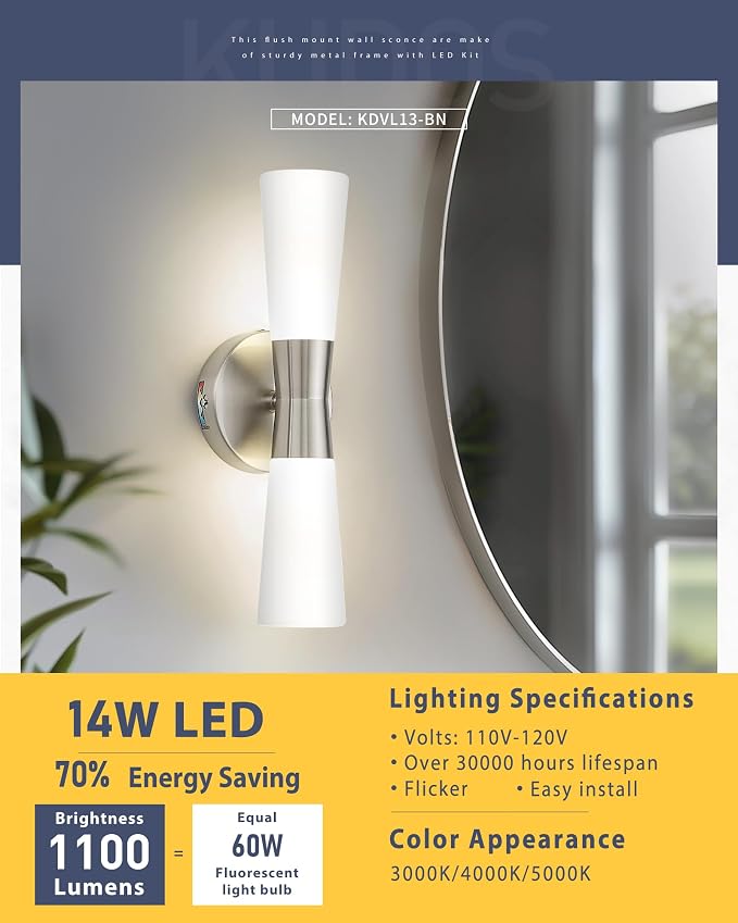 kudos 16 Inch Brushed Nickel Vanity Lights, Milk White Glass, KDVL13-BN | LED, 14W, 1100 Lumens, 3000K, 4000K and 5000K Selectable, Hardwired,for Bathrooms and Bedrooms