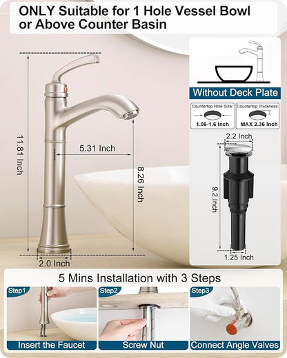 Brass Vessel Sink Faucet Brushed Nickel, Single Handle Tall Faucet for Bathroom Sink One Hole with Pop-Up Drain & Water Hoses, Save Water