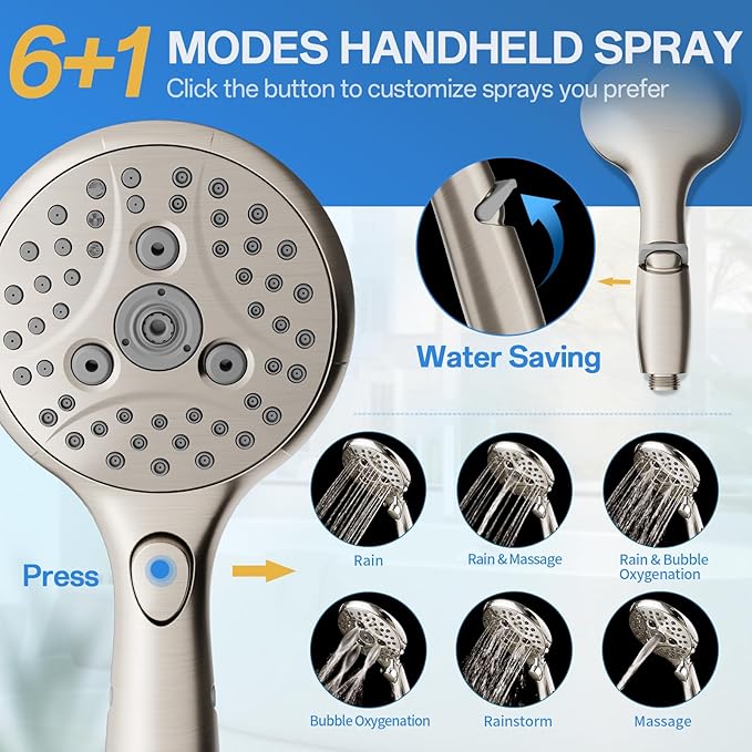 VXV 10 Inch Big Square Rain/Rainfall Shower Head with Adjustable Height, High Pressure 7 Modes Shower Head with Handheld Spray, Brushed Nickel Dual Shower Head Combo with 71" Hose, 360° Rotation (BN)