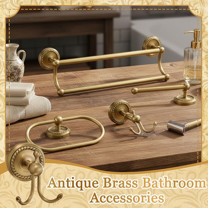 4 Pcs Antique Brass Gold Bathroom Accessories Set Wall-Mounted Towel Rack & Towel Ring & Toilet Paper Holder & Robe Hook, Wall Mounted Brass Vintage Bath Hardware Fixture Set(Double)