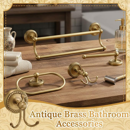 4 Pcs Antique Brass Gold Bathroom Accessories Set Wall-Mounted Towel Rack & Towel Ring & Toilet Paper Holder & Robe Hook, Wall Mounted Brass Vintage Bath Hardware Fixture Set(Double)