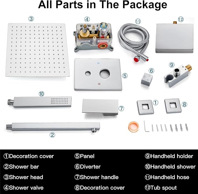 Midanya Shower System with Tub Spout,10 Inch Shower Head,Polish Chrome | with Valve & Trim Kit,Square Rain Head,Handheld Sprayer,Waterfall Spout,All Metal Wall Mount Bathroom Shower Tub Faucet Set