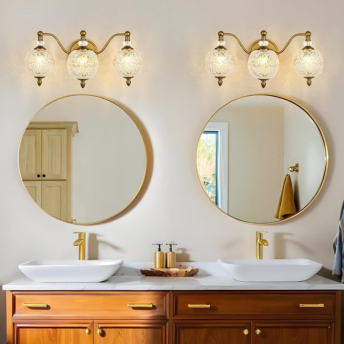 Vintage Bathroom Vanity Light, 3-Light Mid Century Matte Brass Finish Wall Sconce with Globe Glass Shades, Retro Mirror Light for Bathroom, Powder Room
