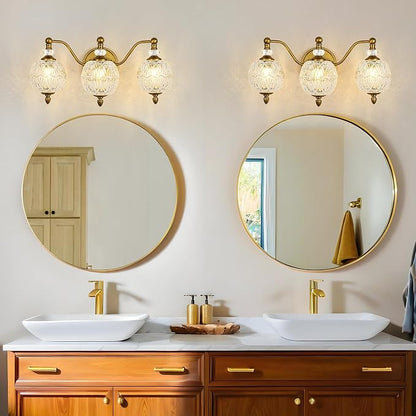 Vintage Bathroom Vanity Light, 3-Light Mid Century Matte Brass Finish Wall Sconce with Globe Glass Shades, Retro Mirror Light for Bathroom, Powder Room