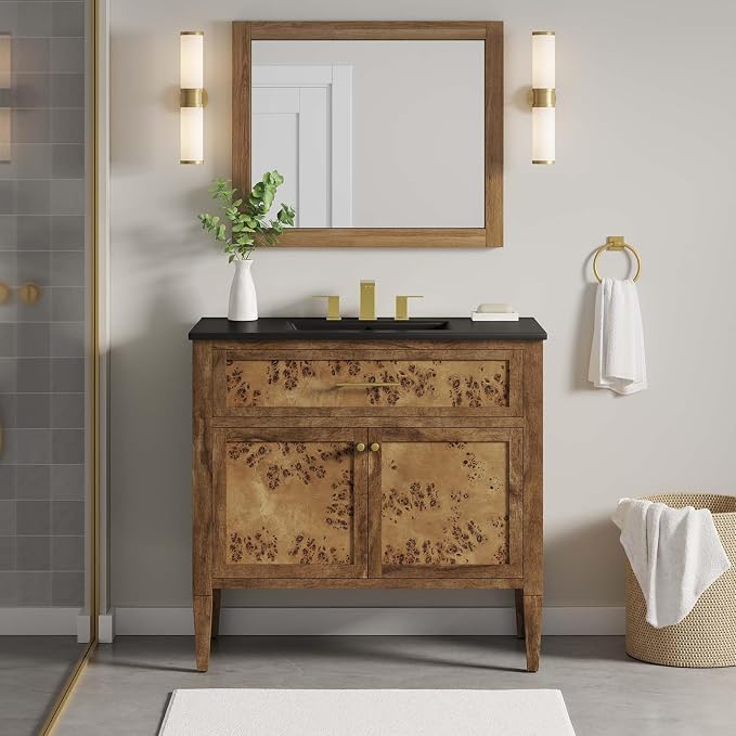 Modway Elysian 36" Burl Wood Bathroom Vanity in Black Brown with Ceramic Sink Basin
