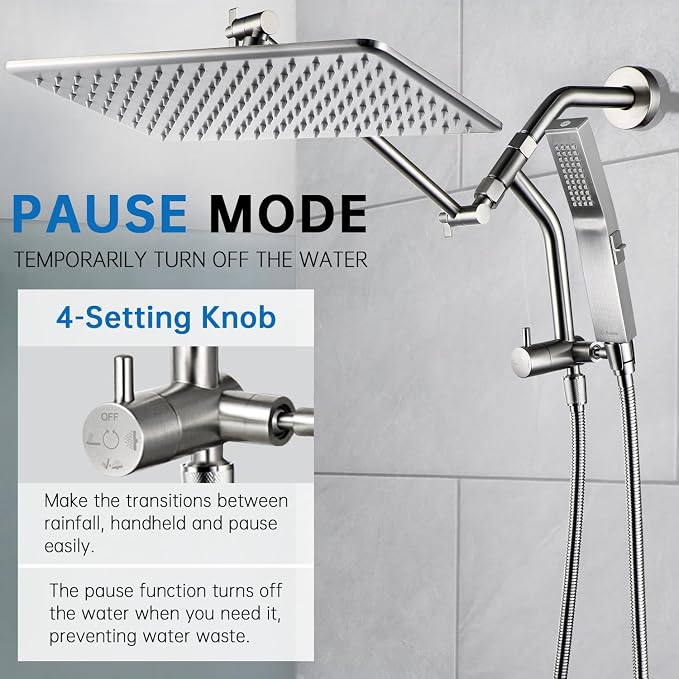 G-Promise 14 Inch All Metal Rain Shower Head with Handheld (Brushed Nickel) | Full Body Coverage, Pause Mode Diverter, Power Wash Mode Handheld, Suits Every Height, Easy to Install, Modern Bath Upgrade