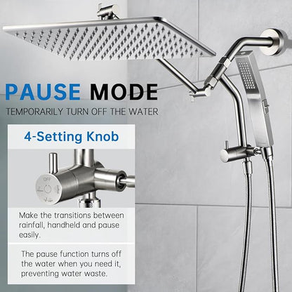 G-Promise 14 Inch All Metal Rain Shower Head with Handheld (Brushed Nickel) | Full Body Coverage, Pause Mode Diverter, Power Wash Mode Handheld, Suits Every Height, Easy to Install, Modern Bath Upgrade