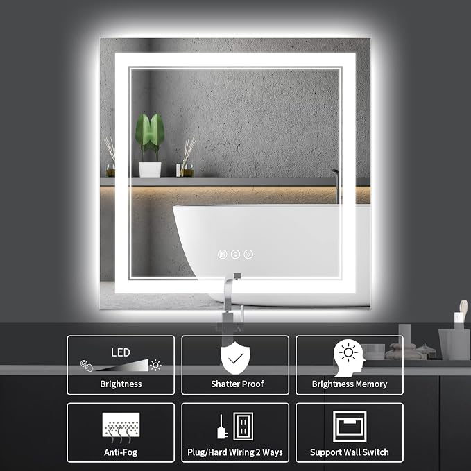 36x36 Inch LED Mirror for Bathroom | Front and Backlit, 3 Colors, Dimmable, Memory, Anti Fog, Shatterproof, Horizontal/Vertical, Lighted Mirrors for Bathroom Wall