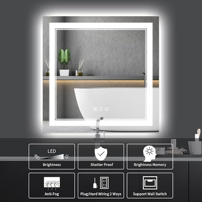 36x36 Inch LED Mirror for Bathroom | Front and Backlit, 3 Colors, Dimmable, Memory, Anti Fog, Shatterproof, Horizontal/Vertical, Lighted Mirrors for Bathroom Wall