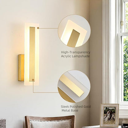 Hardwired Wall Sconces Set of 2 Dimmable Modern Gold LED Wall Light | 14Inch Modern Bathroom Vanity Light 3000K 3500K 4000K 5000K 6000K, Indoor Wall Lights for Bedroom, Living Room,Hallway