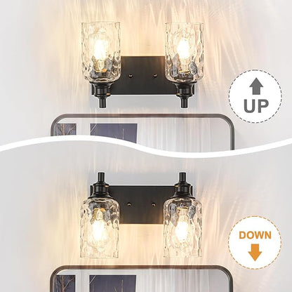 Bathroom Light Fixtures Over Mirror, 2 Lights Vanity Lights with Hammered Glass Shade, 12.7" Matte Black Farmhouse Bathroom Light Fixtures for Bedroom, Porch, Hotel, Mirror Cabinet