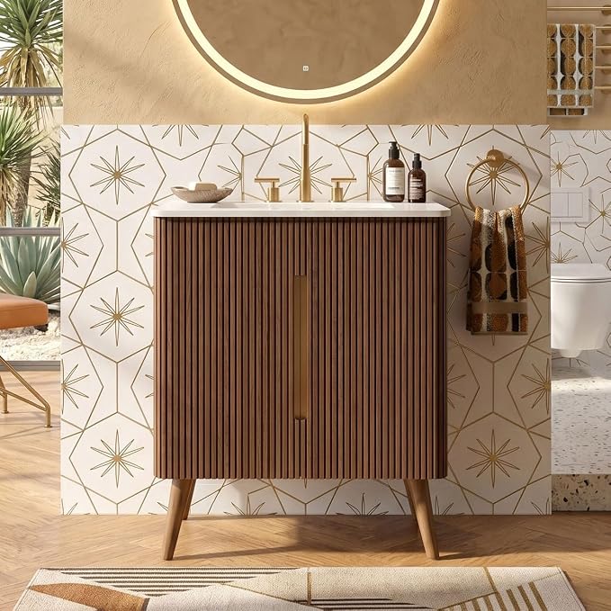 30" Modern Bathroom Vanity with Sink, Mid Century Modern Walnut Bathroom Cabinet with Carrara Marble Finish Sink, Doors, Large Storage with Adjustable Shelf