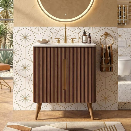 30" Modern Bathroom Vanity with Sink, Mid Century Modern Walnut Bathroom Cabinet with Carrara Marble Finish Sink, Doors, Large Storage with Adjustable Shelf