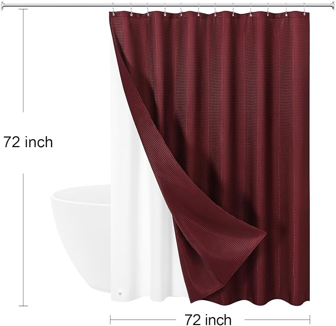 3 in 1 Burgundy Shower Curtain with PEVA Liner, 12 Hooks, 72x72 | Luxury Weighted Fabric Shower Curtain Set, 12 Stainless Steel Double-Sided Hooks, Water Repellent, Bathroom Decor