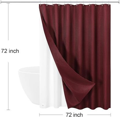 3 in 1 Burgundy Shower Curtain with PEVA Liner, 12 Hooks, 72x72 | Luxury Weighted Fabric Shower Curtain Set, 12 Stainless Steel Double-Sided Hooks, Water Repellent, Bathroom Decor