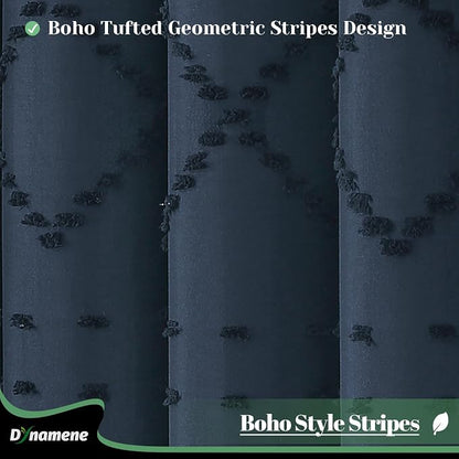 Stall Boho Shower Curtain Tufted Geometric 60"x72" Navy Blue | 60 Inch Wide, Elegant Tassel, Lightweight Textured Fabric, Water Repellent, Washable, for Narrow Bathroom/Dorm 10 Hooks