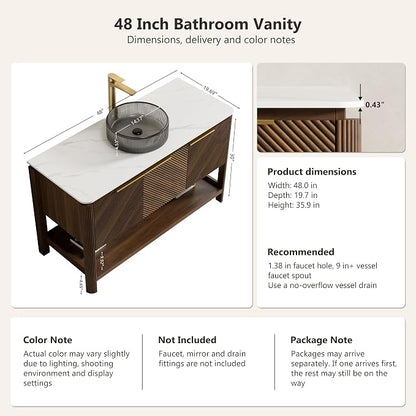 Yayzy 48 Inch Bathroom Vanity with Sink, Freestanding Dark Walnut Bathroom Cabinet, Smoky Gray Glass Vessel Sink, Carrara White Sintered Stone Countertop, Soft Close Doors, Open Storage Shelf