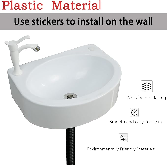 Wall Mount Bathroom Sink 17.7"x13.4" No-Drill Installation Self-Adhesive Wash basin with 1.26 Faucet Hole Bathroom Sinks Floating Vanity Sink for Lavatory Room Basin Plastic Rv Sink for Home Garage