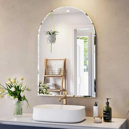 Frameless Bathroom Mirror, 28x42 Arched Beveled Vanity Wall Mirror | Arch Wall Mounted Bathroom Mirrors for Over Sink, Hallway, Entryways, Rust-proof, HD Tempered Glass, 15MM Beveled