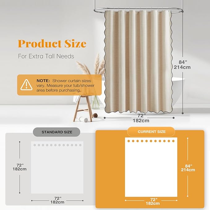 BTTN 72x84 Boho Shower Curtain, Extra Long Scalloped Linen Textured Cloth Shower Curtain Set with 12 Hooks, Tall Unique Elegant Decorative Waterproof Fabric Shower Curtains for Bathroom - Beige/Cream