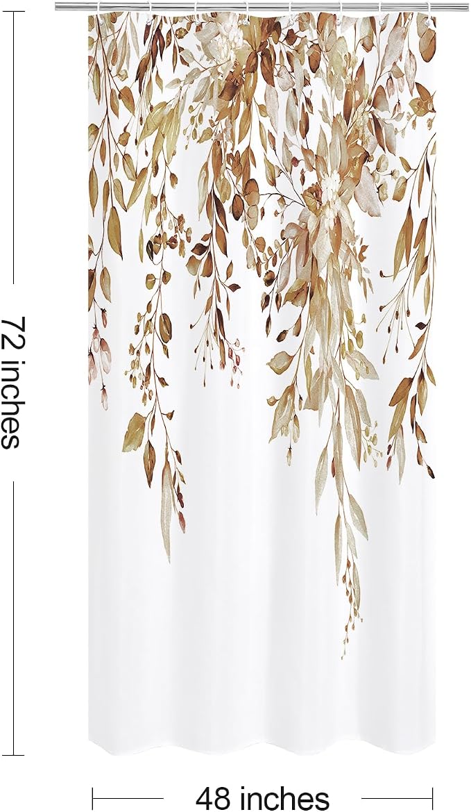 Brown Eucalyptus Shower Curtain, Watercolor Floral Print, 48x72 | Watercolor Plant Leaves Floral Print, Stall Waterproof Fabric Bathroom Decor, Machine Washable, Rustproof Grommets