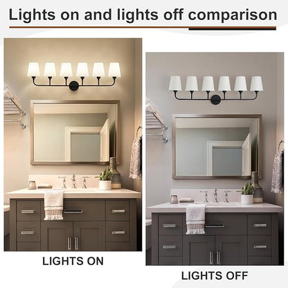 Bathroom Vanity Light, Matte Black Bathroom Light Fixtures, 6-Light Lighting Fixtures Over Mirror, Modern Wall Sconce with Flared White Fabric Shade, E26 Socket(ETL Listed)